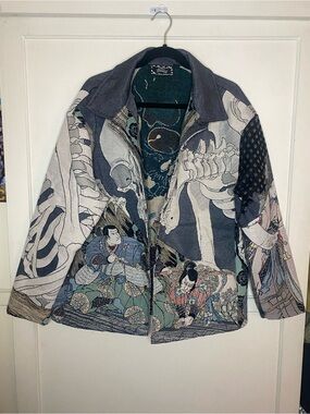 rebels Teal and Gray Skeleton Asian inspired Graphic Zip Jacket